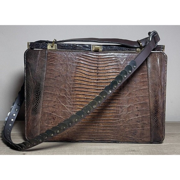 Escort Handbags - VINTAGE ESCORT BAG GENUINE LIZARD BROWN FRAME HANDBAG SATCHEL Dazzled Strap Moto